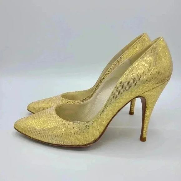 Vintage Stuart Weitzman Martinique Gold Glitter Pointed Toe Stiletto Heels 7.5 - Picture 3 of 16